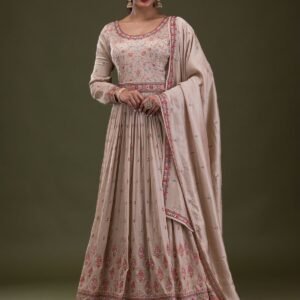 Beige Threadwork Semi Crepe Salwar Suit