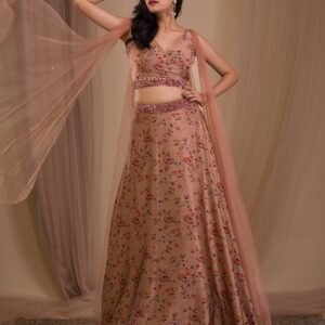 Brown Printed Satin Lehenga