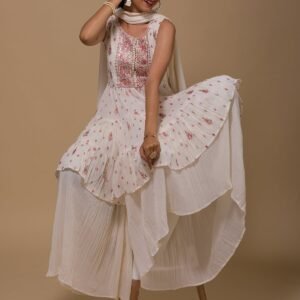 Cream Threadwork Georgette Sharara Suit