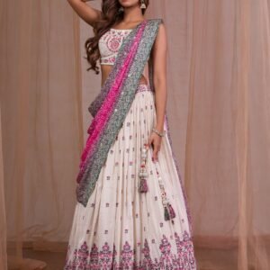 Cream Threadwork Semi Crepe Lehenga