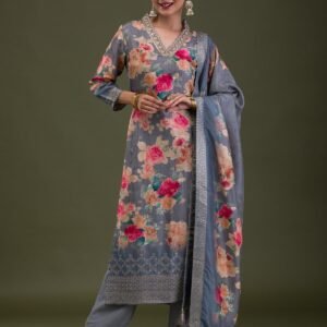 Grey Printed Semi Crepe Salwar Suit
