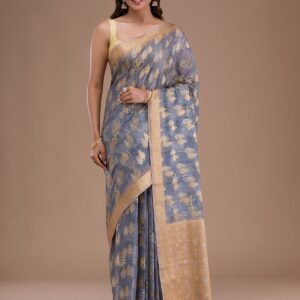 Grey Printed Tissue Designer Saree | Lightweight Festive Saree