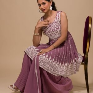 Mauve Threadwork Georgette Sharara Suit