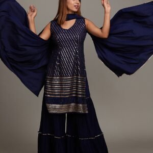 Navy Blue Sequins Semi Crepe Sharara Suit