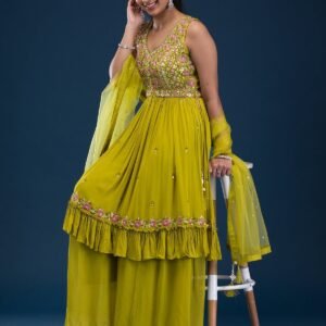 Parrot Green Mirrorwork Georgette Salwar Suit