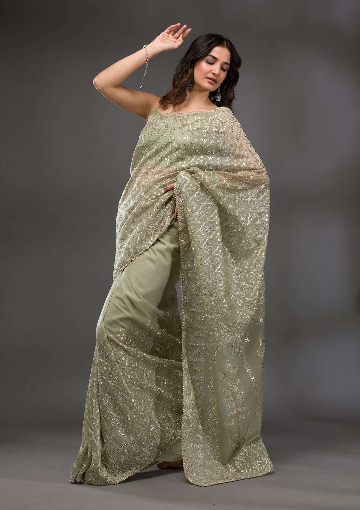 Pista Green Gotapatti Tissue Designer Saree