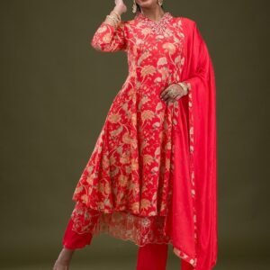 Red Printed Semi Crepe Salwar Suit