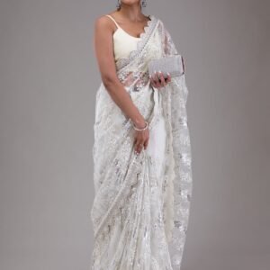 White Threadwork Net Saree